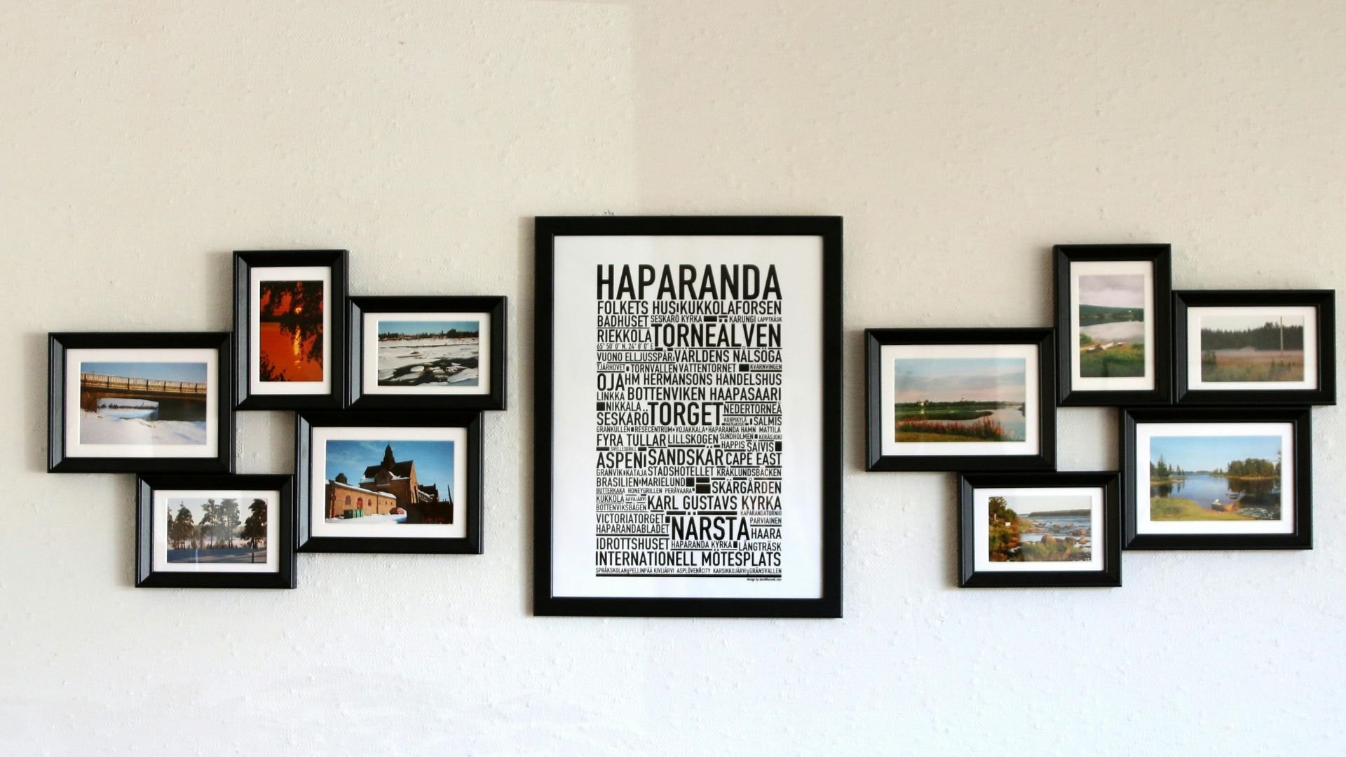 Gallery wall with landscape photos and Haparanda typography poster